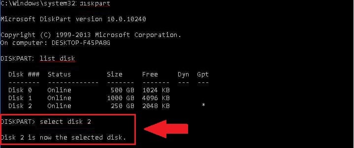 Opção selecionar disco no DiskPart no Windows