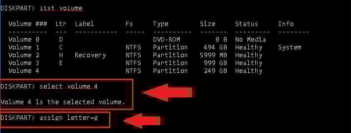 Opção selecionar volume e atribuir letra no DiskPart no Windows