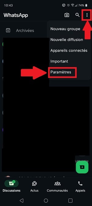 Opção Definições no WhatsApp