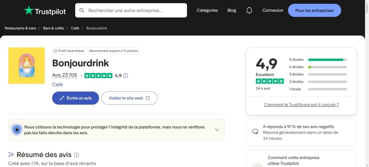 Страница Bonjour Drink на Trustpilot со средней оценкой 4,8/5 из более чем 23 000 отзывов покупателей.