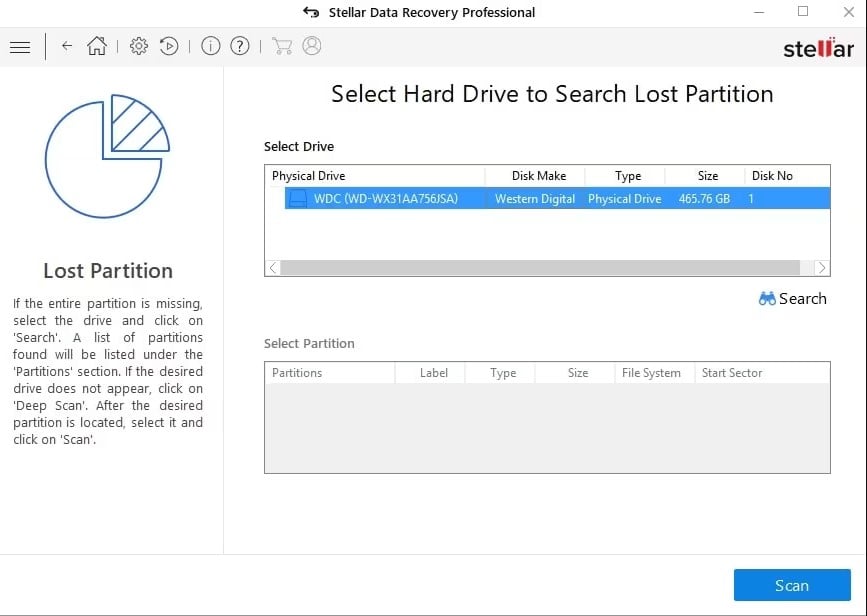 Stellar Data Recovery Pro partition recovery software interface