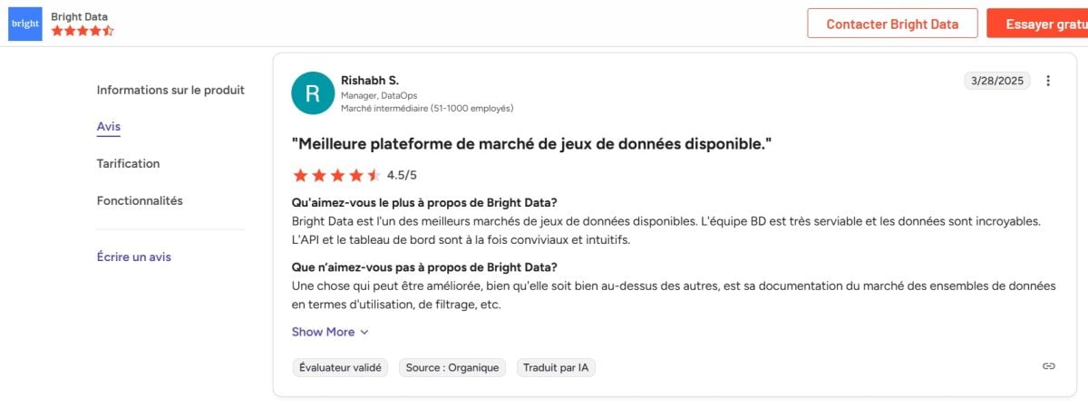 Вот полный отзыв Ришабха С. о Bright Data на платформе G2 review.