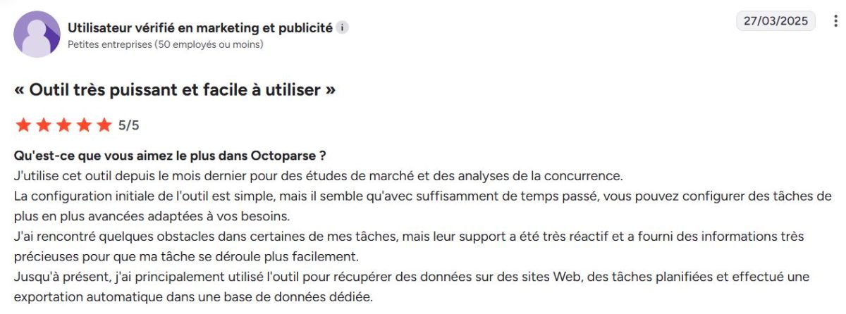 在 G2 上找到的关于复杂 Octoparse 站点的权力和管理的意见。 