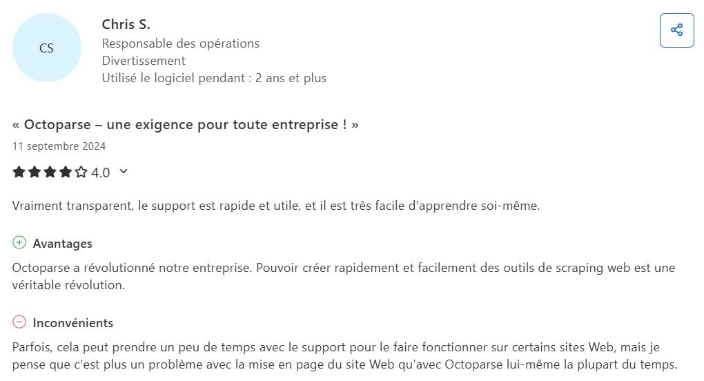 关于 Octoparse Entreprise 的意见。 