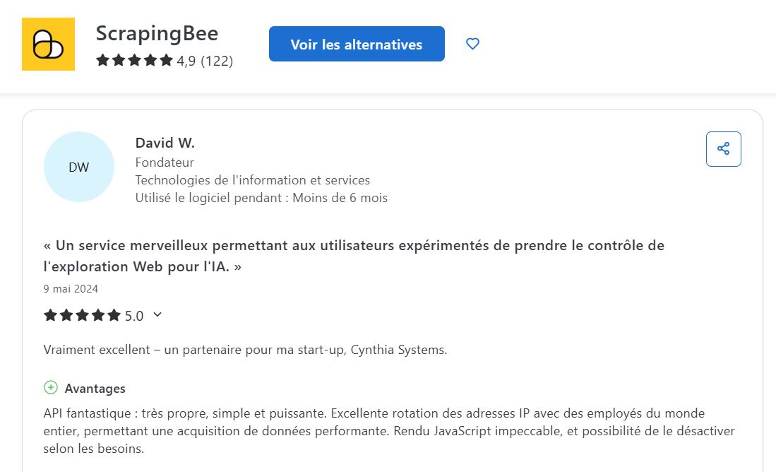 Feedback på ScrapingBee fra David W. på Capterra.