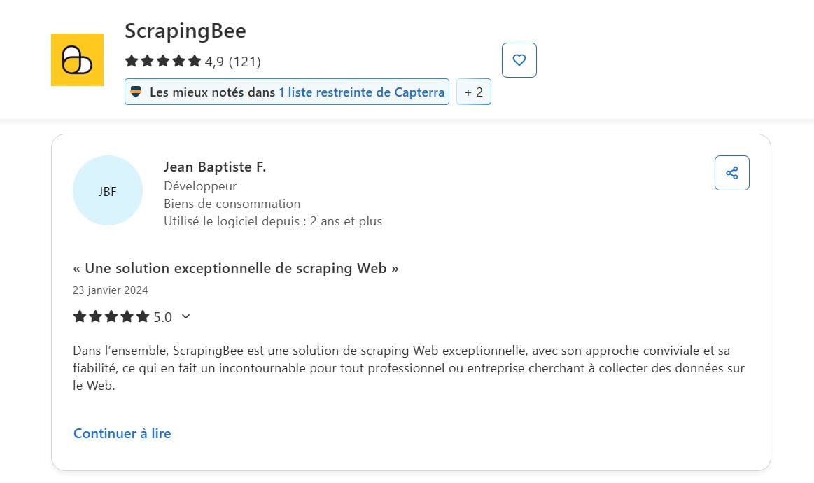 Eksempel på feedback på ScrapingBee om webscraping.