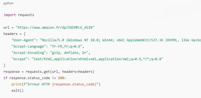 Ecco un esempio di codice minimo per connettersi a una pagina di prodotto Amazon simulando un browser reale