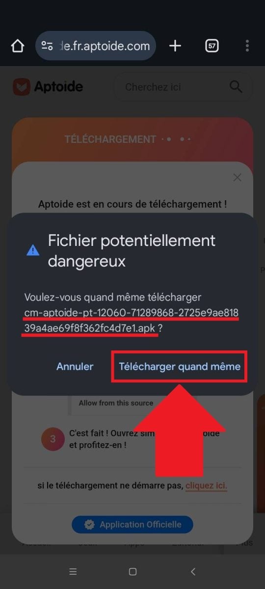Autoriser le téléchargement de l'APK d'Aptoide sur votre téléphone.