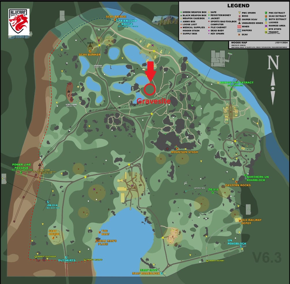 Localização do túmulo indicada no mapa