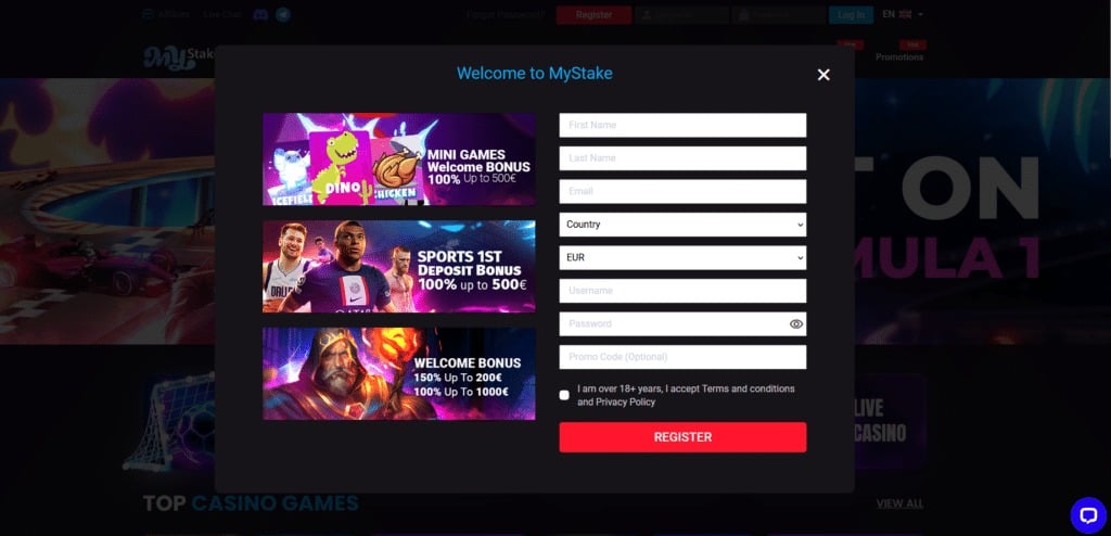 Registration on the Mystake platform.