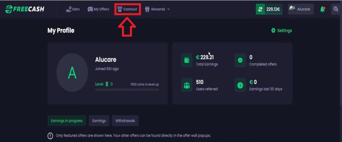 Cliquez sur Cash Out pour retirer de l'argent sur FreeCash