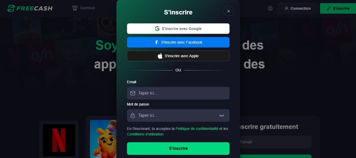 Vous pouvez ouvrir un compte sur FreeCash depuis votre ordinateur
