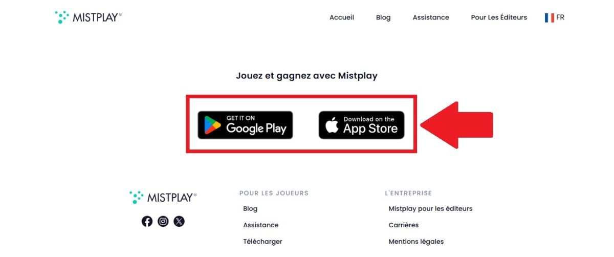 Retrouvez les liens Google Play et App Store de l'application Mistplay tout en bas de la page d'accueil du site 