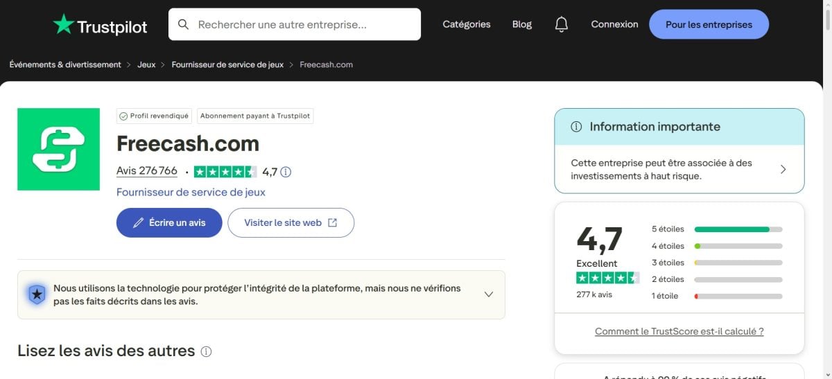 Screenshot showing Freecash reviews on Trustpilot