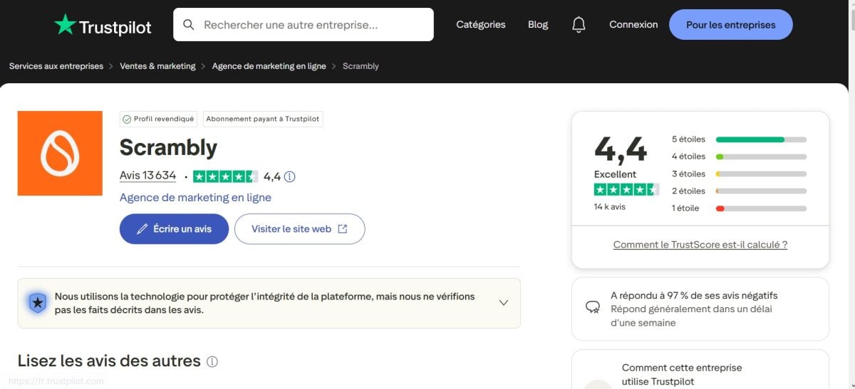 Screenshot showing Scrambly's rating on Trustpilot