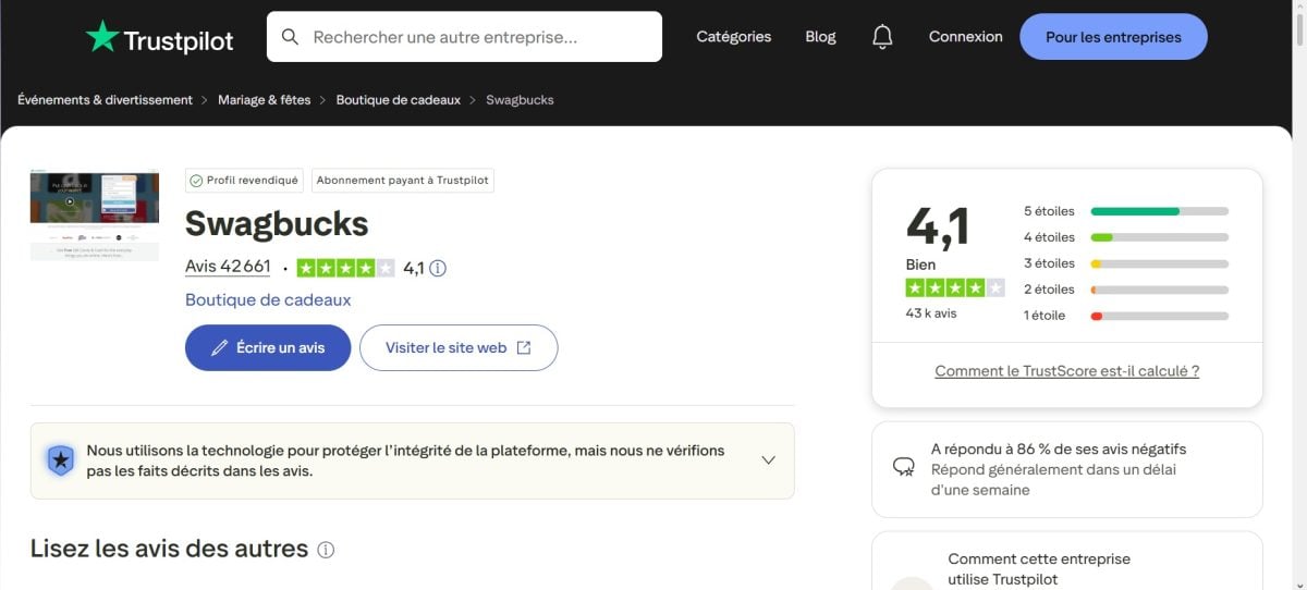 Screenshot showing Swagbucks reviews on Trustpilot