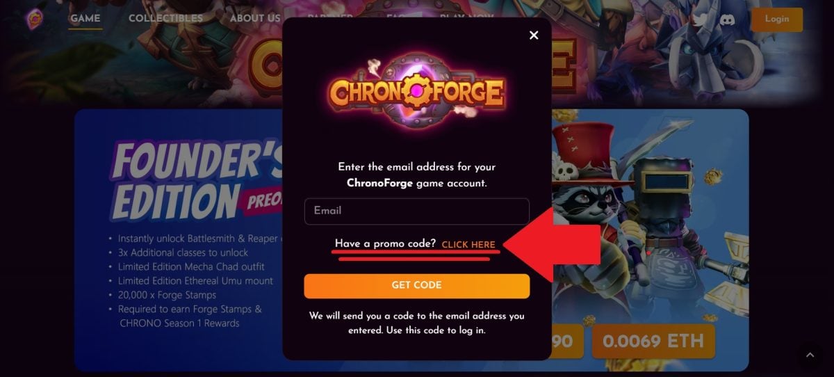 Appuyez sur "CLICK HERE" pour utiliser un code promo ChronoForge.
