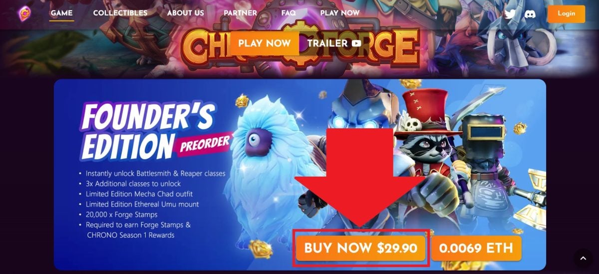 Sur la page d'accueil, vous trouverez les avantages du pack et les prix en dollars ou en éthers. Cliquez sur "BUY NOW" pour passer à l'achat.