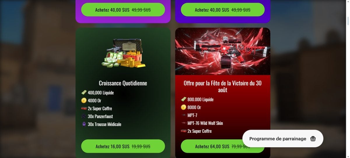 Voici un aperçu des offres quotidiennes sur la boutique de Critical Strike.