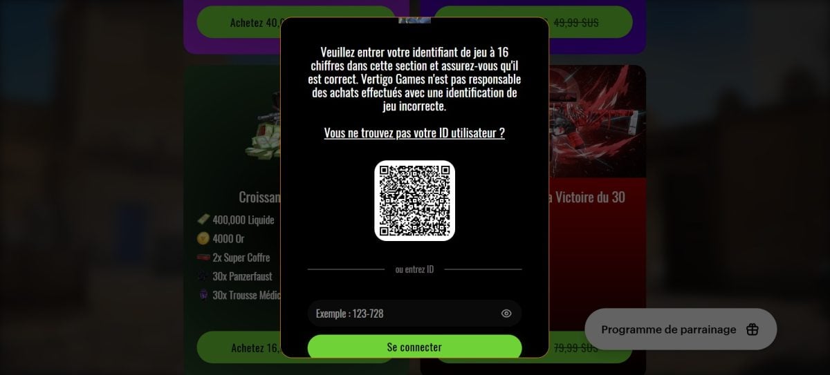 Vous pouvez vous identifier en scannant le QR code ou en renseignant votre ID en jeu que vous retrouverez dans les paramètres de votre compte utilisateur.