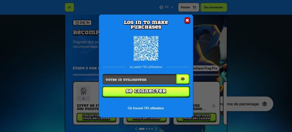 Vous pouvez vous connecter avec votre ID Utilisateur ou en scannant le QR Code sur la boutique en ligne.