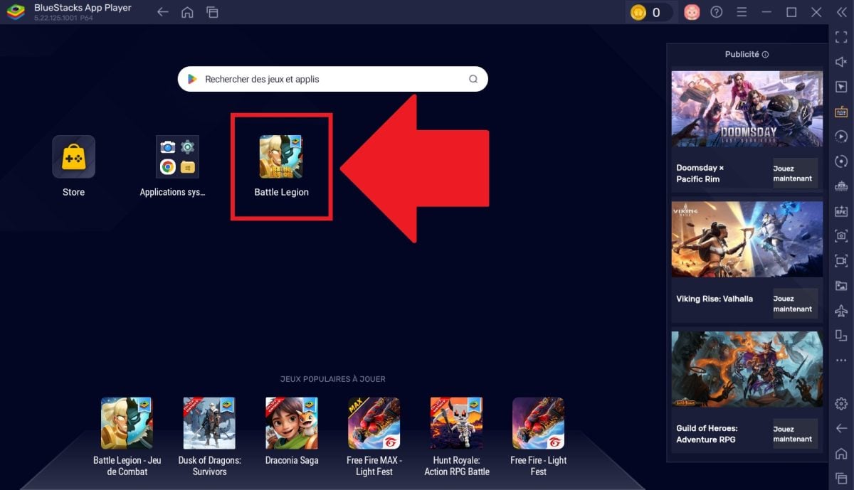 Dès qu'il sera installé sur l'émulateur, Battle Legion apparaîtra sur la page d'accueil et vous n'aurez qu'à cliquer dessus pour le lancer.