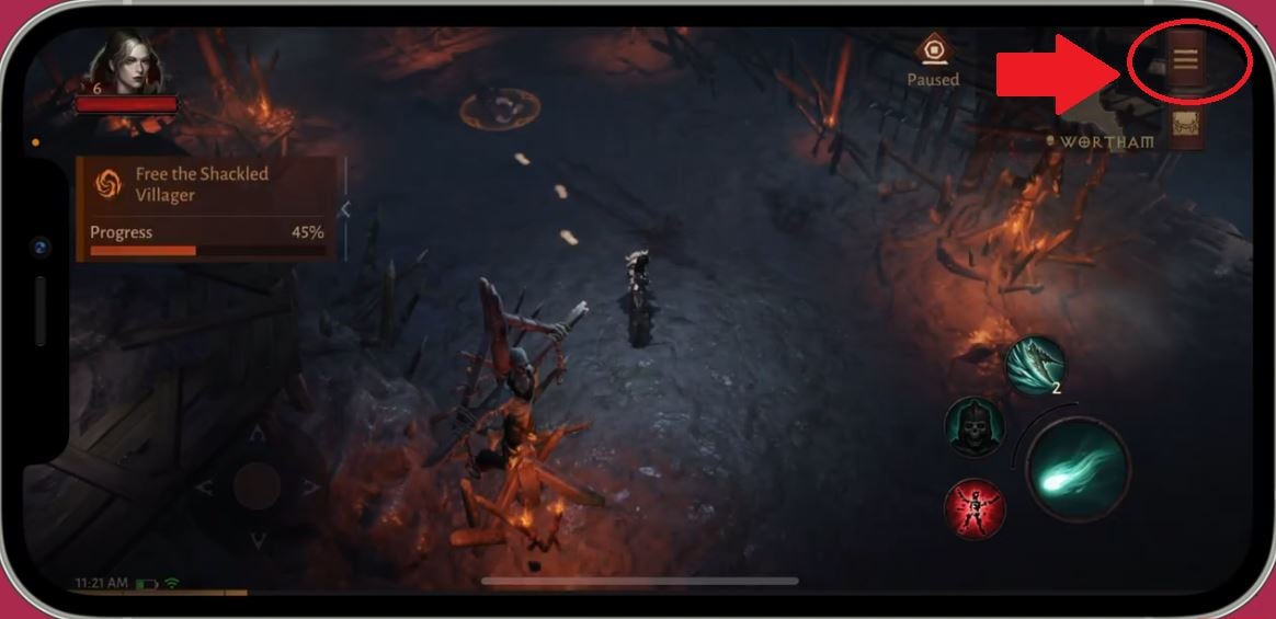 Le bouton de menu sur Diablo Immortal