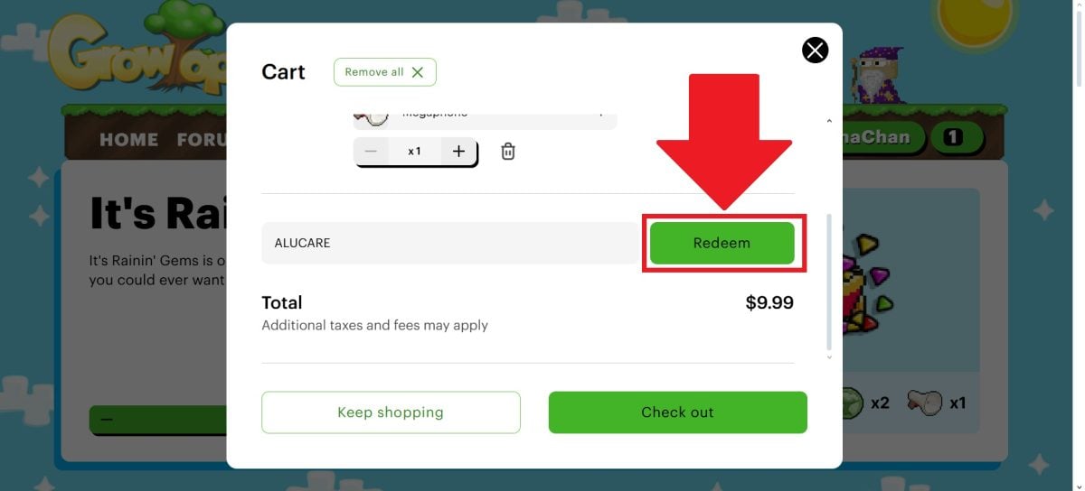 Appliquez le code promo ALUCARE en cliquant sur le bouton "Redeem".