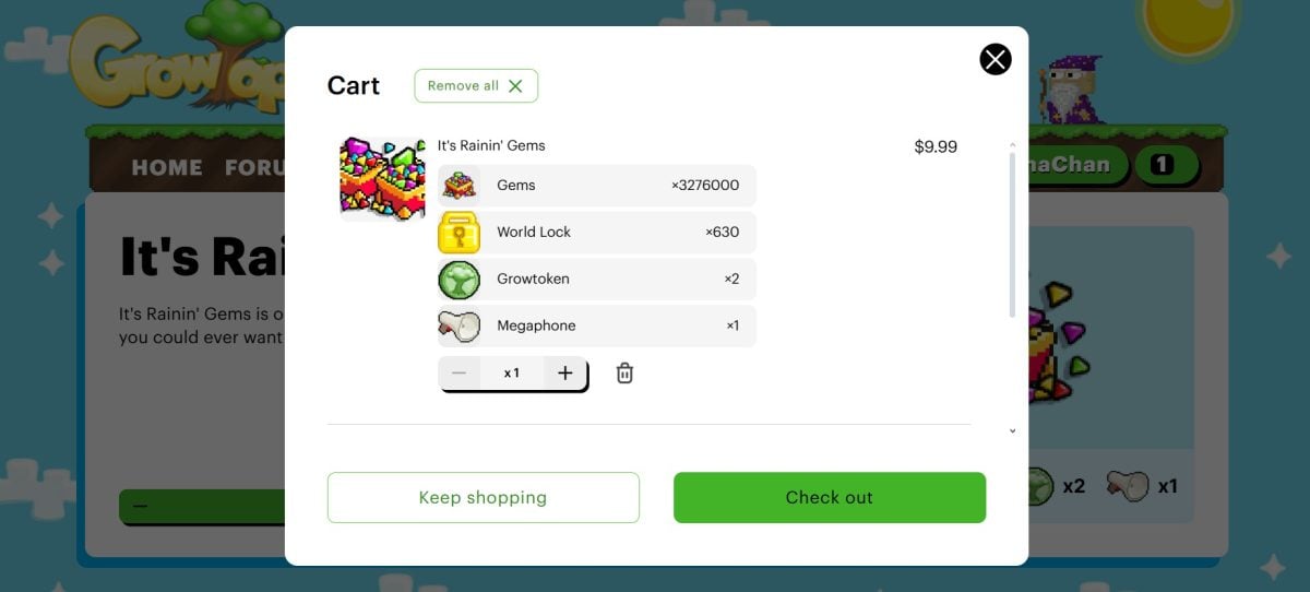 Cette capture montre les détails de l'offre It's Rainin' Gems sur la boutique officielle de Growtopia.