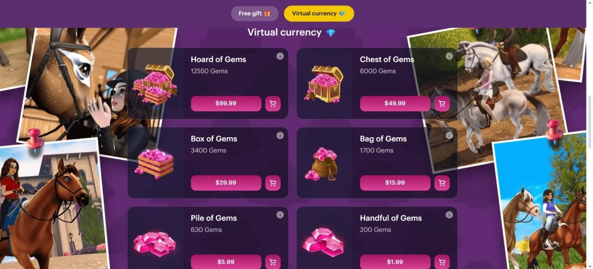 Voici un aperçu des tarifs disponibles sur la boutique de Star Equestrian.