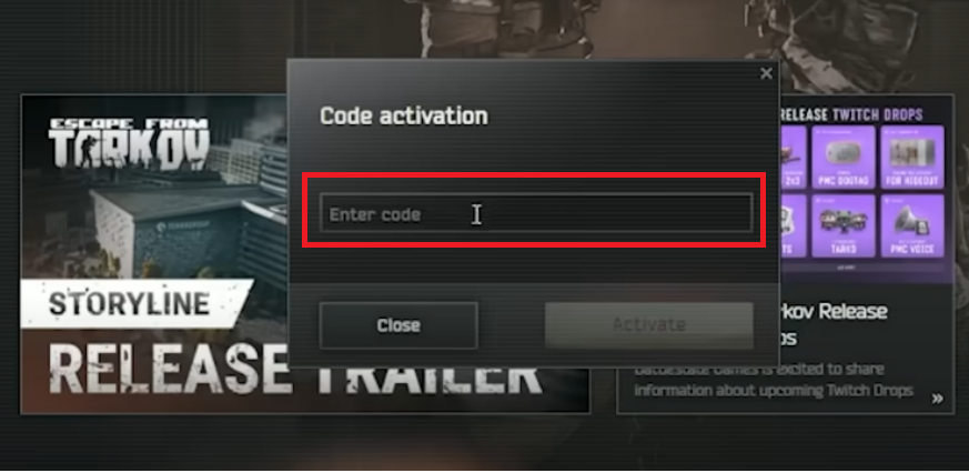 La case pour saisir le code Escape From Tarkov