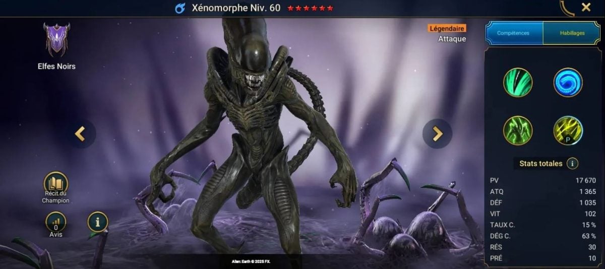 Guide maîtrises, grâce et artefact sur Xenomorphe (Xenomorph) sur RSL 