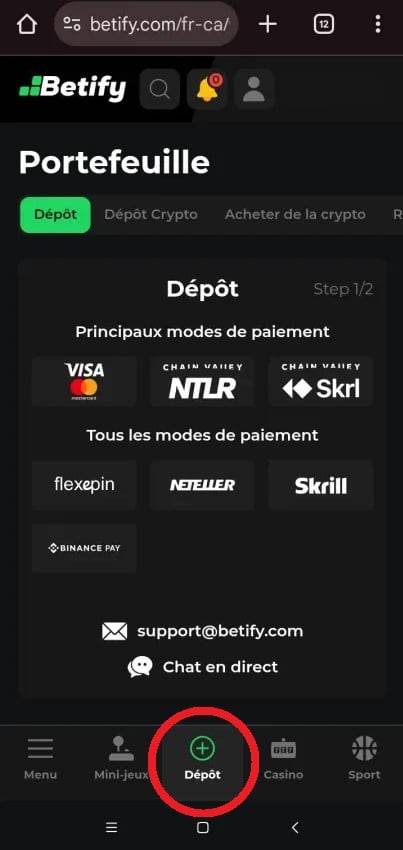 Tout ce qui concerne les transactions se trouve dans le menu "Dépôt".