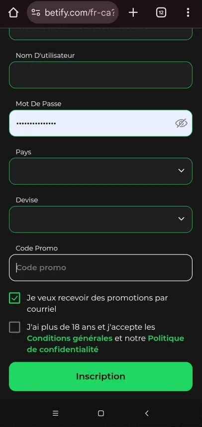 Une fois toutes les informations renseignées, vous devez accepter les conditions générales et la politique de confidentialité afin de finaliser votre inscription sur Betify.