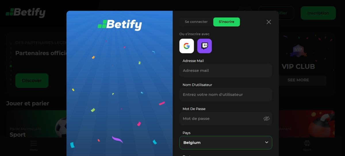 Voici l'interface si vous passez par le site officiel de Betify depuis votre ordinateur.