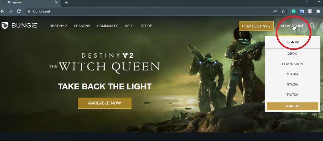 Interface inicial do site de troca de códigos no Destiny 2
