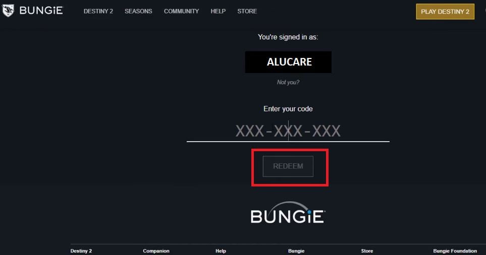 O botão de validação de código no site de trocas da Bungie
