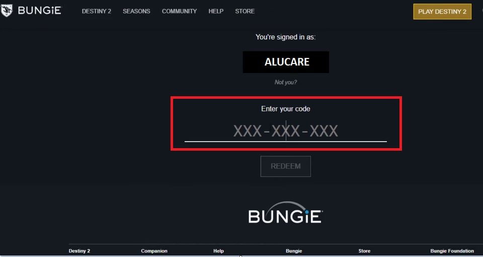 O campo de introdução do código no site de trocas da Bungie