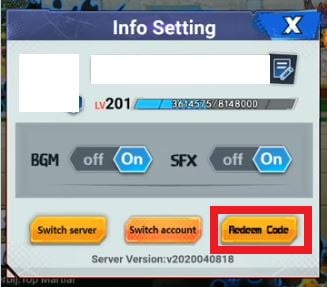 Il pulsante per scambiare i codici su Dragon Ball Idle