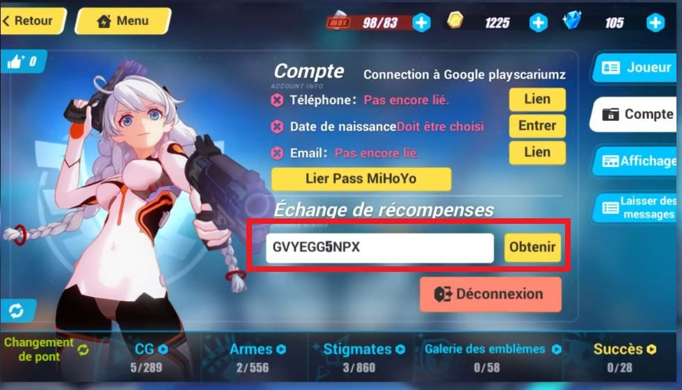 La case pour échanger les codes sur Honkai Impact