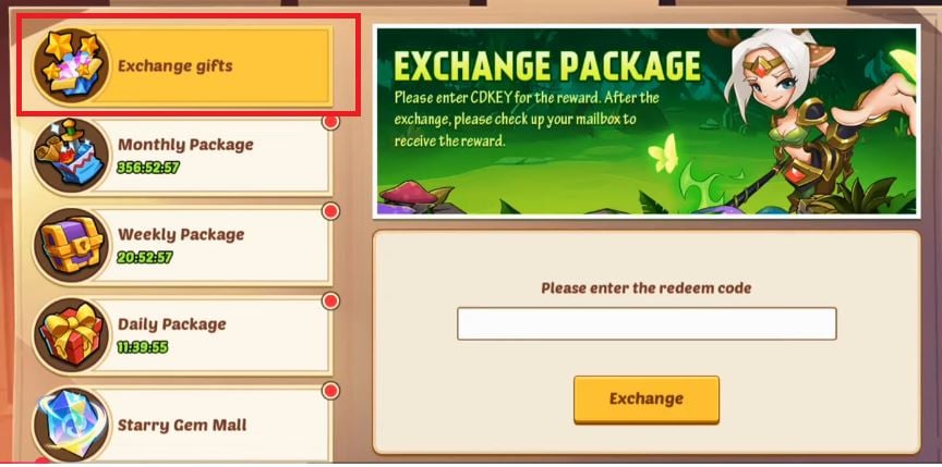 Le bouton pour échanger les codes dans Idle Heroes