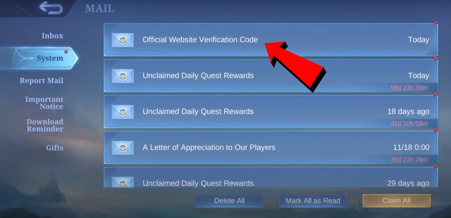 Le mail contenant votre code de vérification dans votre boîte de réception sur le jeu