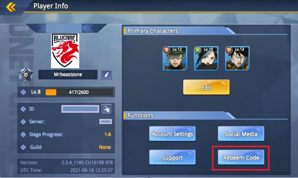 La section "Infos joueur" sur One Punch Man Road to Hero 2.0