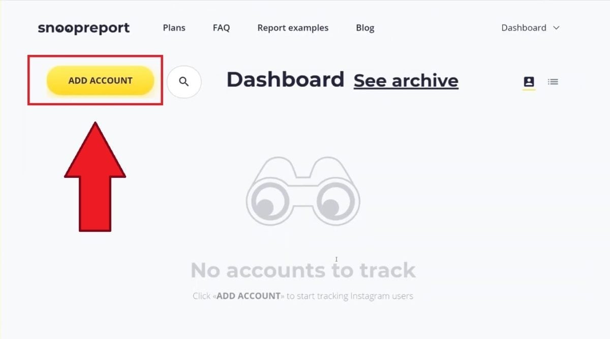 Clicca su "Aggiungi account" per aggiungere un nome utente Instagram pubblico su Snoopreport.