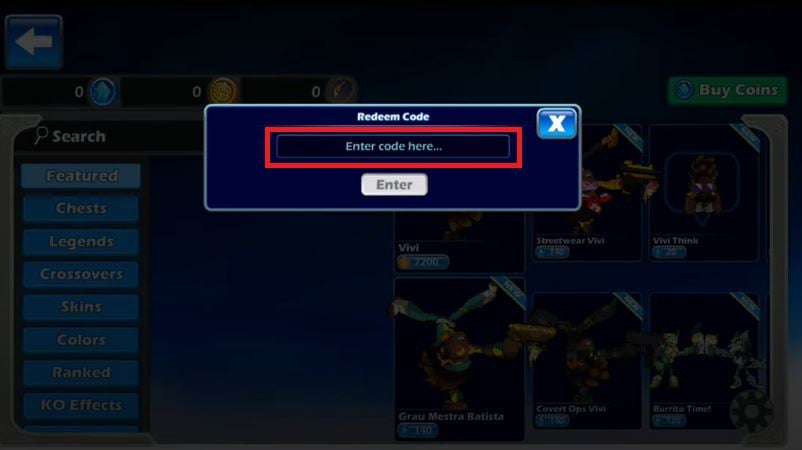 A caixa para inserir os códigos no Brawlhalla