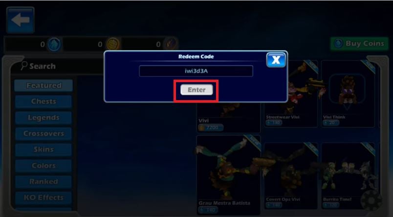 O botão Enter para validar um código no jogo Brawlhalla