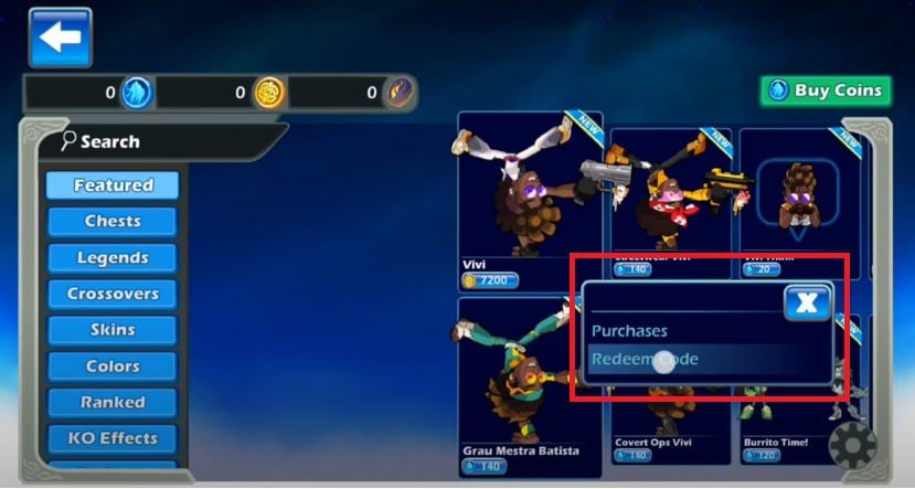 O botão para trocar códigos no Brawlhalla