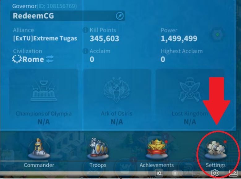 Settings on Rise of Kingdoms