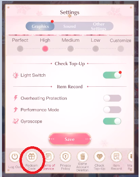 O botão para trocar códigos no Shining Nikki