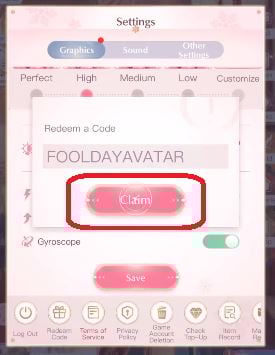 O botão para validar os códigos no Shining Nikki